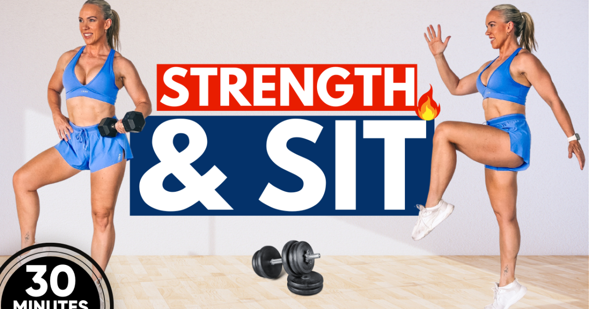 30-minute full body strength and SIT hybrid workout for women 40+ using dumbbells to build muscle, improve metabolism, and increase power.