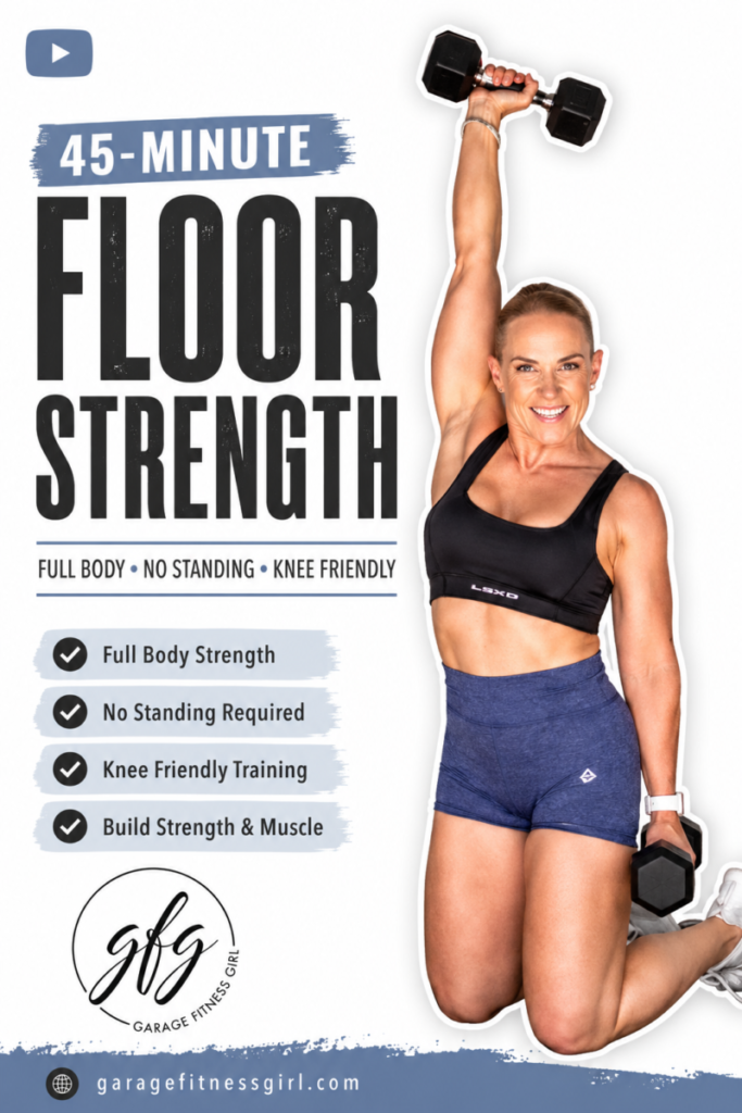 Floor strength workout for women over 40 Pinterest pin - full body dumbbell tri-sets, knee friendly
