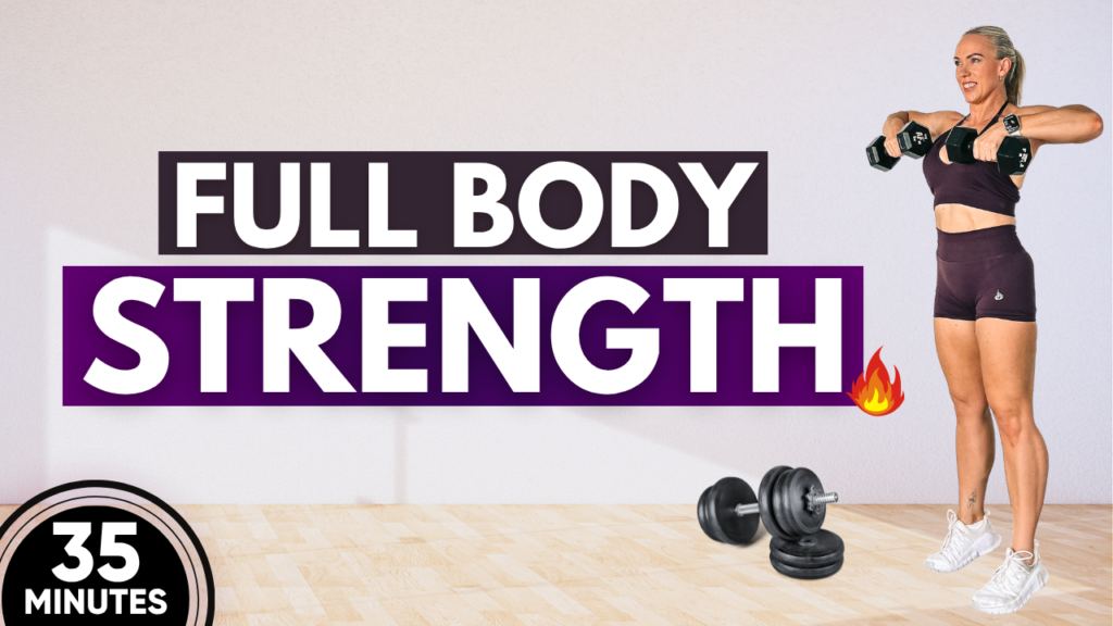 Woman performing a full body strength workout using compound dumbbell lifts at home