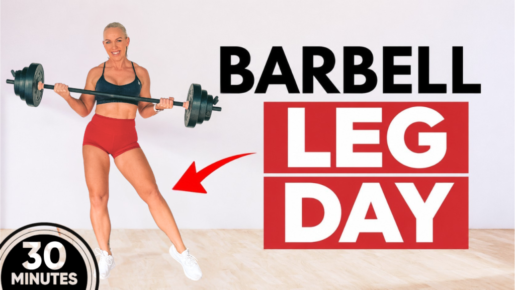 Woman over 40 holding a loaded barbell in a home gym, with the words barbell leg day 30 minutes, for a barbell lower body workout for women over 40