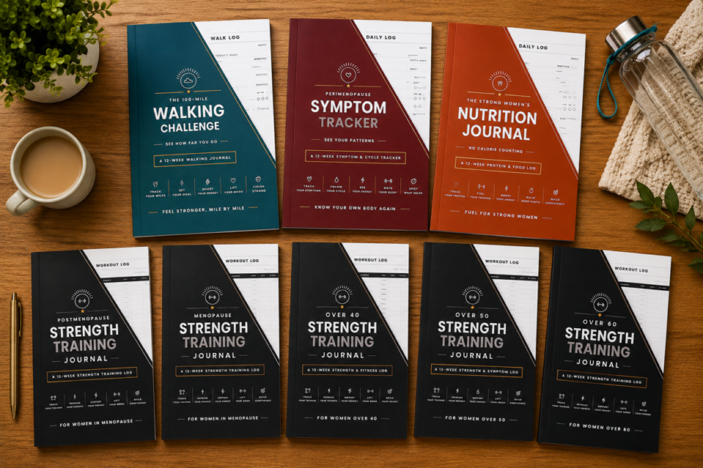 Collection of 8 fitness journals for women over 40, including strength training journals and symptom trackers