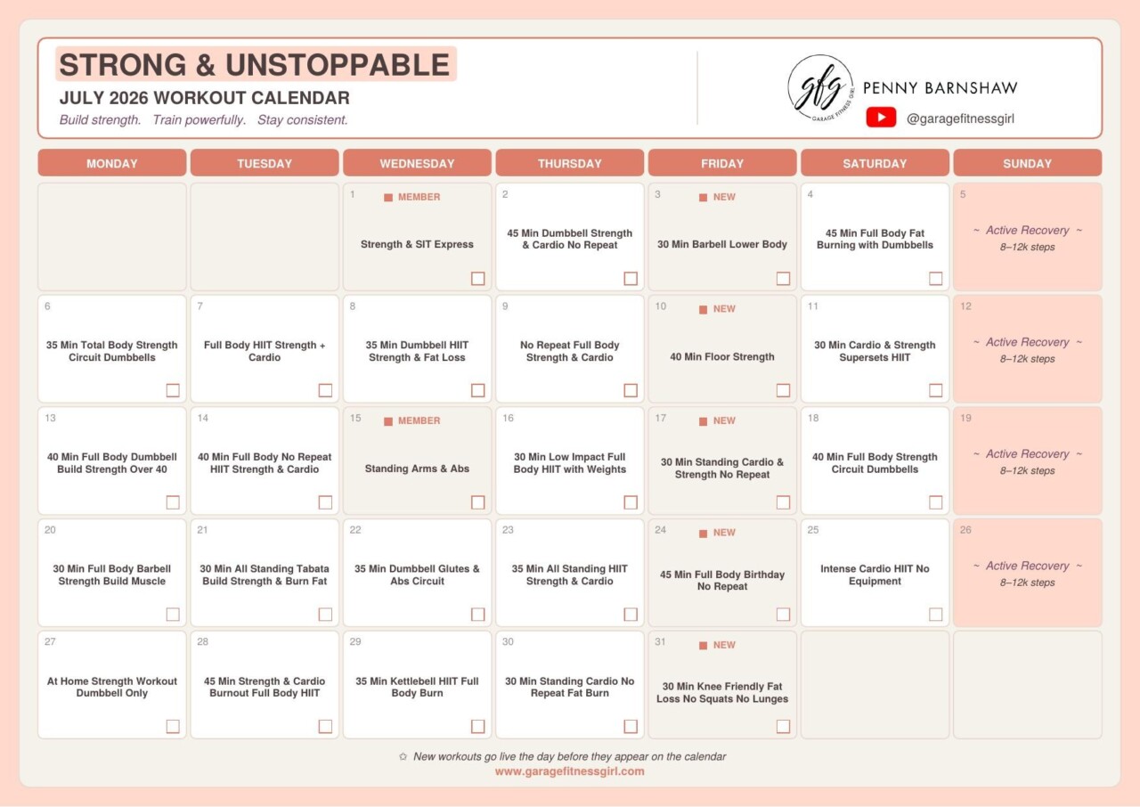 Workout Calendars 4 Garage Fitness Girl July 2026 Strong and Unstoppable workout calendar