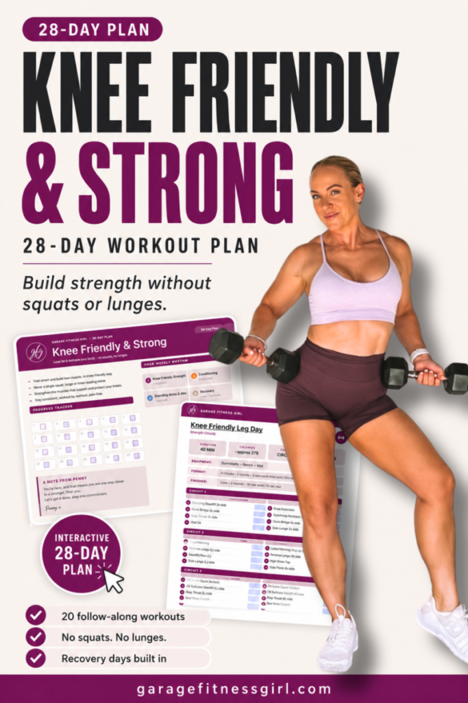 Woman over 40 rowing dumbbells beside the Knee Friendly and Strong 28 day plan calendar and interactive workout guide, with the words build strength without squats or lunges