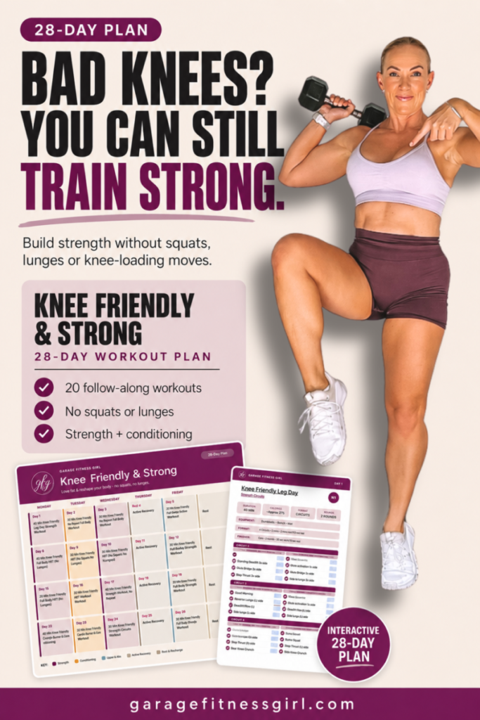 Woman over 40 holding a dumbbell on her shoulder with one knee lifted, beside the Knee Friendly and Strong 28 day calendar, with the words bad knees you can still train strong
