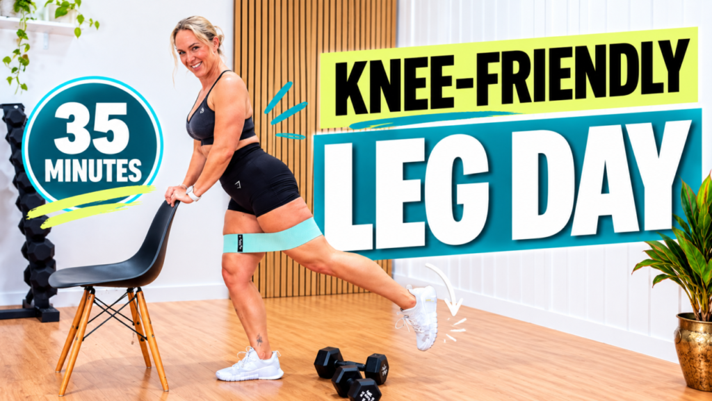 Woman over 40 holding a chair doing a booty band glute kickback in a home gym for a knee friendly leg workout, with the words knee-friendly leg day 35 minutes