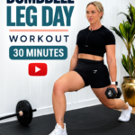 Woman doing a dumbbell reverse lunge in a home gym during a 30 minute dumbbell leg day workout for women over 40