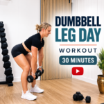 Woman doing a dumbbell stiff leg deadlift in a home gym, from a 30 minute dumbbell leg day workout