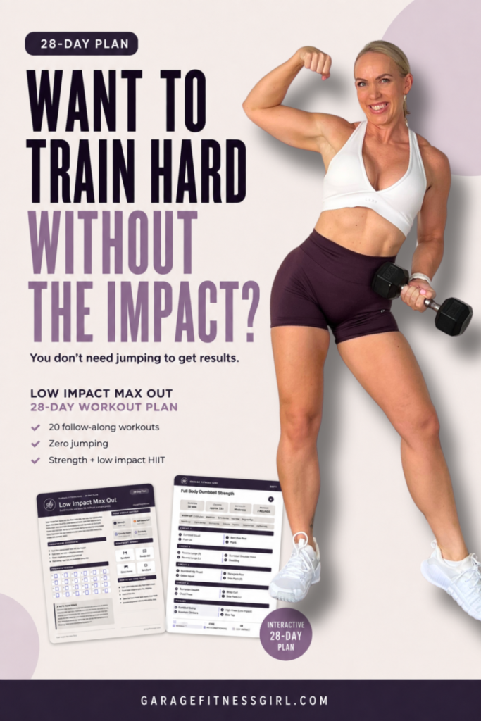 Low Impact Max Out: How to Build Lean Muscle and Burn Fat Without a Single Jump 1 Garage Fitness Girl Woman over 40 flexing one arm and holding a dumbbell beside the Low Impact Max Out 28 day low impact workout plan calendar and interactive workout guide, with the words want to train hard without the impact