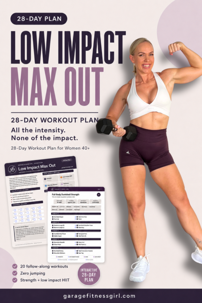 Low Impact Max Out: How to Build Lean Muscle and Burn Fat Without a Single Jump 3 Garage Fitness Girl Woman over 40 curling two dumbbells next to the Low Impact Max Out 28 day workout plan pages, with the words all the intensity, none of the impact