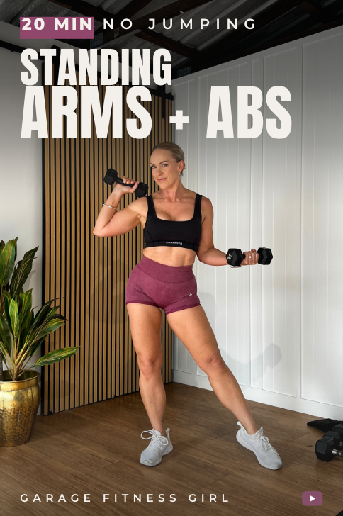 20-Minute Standing Arms and Abs Workout (No Repeat, No Floor Work) 2 Garage Fitness Girl Standing arms and abs workout for women over 40 with dumbbells and no floor work