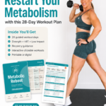 Woman over 40 in teal activewear holding a dumbbell, beside a preview of the Garage Fitness Girl Metabolic Reboot 28-day workout plan calendar and workout cards.