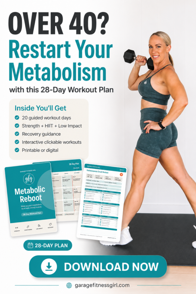 Woman over 40 in teal activewear holding a dumbbell, beside a preview of the Garage Fitness Girl Metabolic Reboot 28-day workout plan calendar and workout cards.