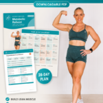 Woman over 40 flexing her arm in teal activewear, next to a preview of the Garage Fitness Girl Metabolic Reboot 28-day workout plan PDF calendar and workout card.
