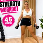 45 Min No Repeat Full Body Strength Workout | Dumbbells 1 Garage Fitness Girl 45 minute full body no repeat strength workout for women over 40 with dumbbells