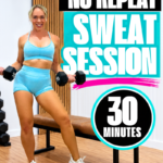 Penny Barnshaw, Garage Fitness Girl 1 Garage Fitness Girl Woman over 40 in a teal workout set holding dumbbells in a home gym, with the words no repeat sweat session 30 minutes