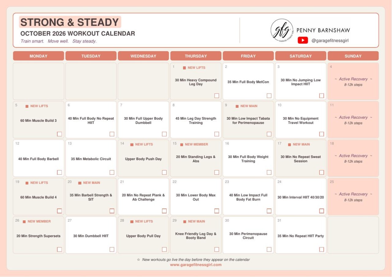 Workout Calendars 2 Garage Fitness Girl Strong & Steady October 2026 workout calendar
