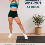 Penny Barnshaw, Garage Fitness Girl 2 Garage Fitness Girl Woman stretching overhead in a home gym, from a 35 minute perimenopause strength workout for women over 40 with dumbbells