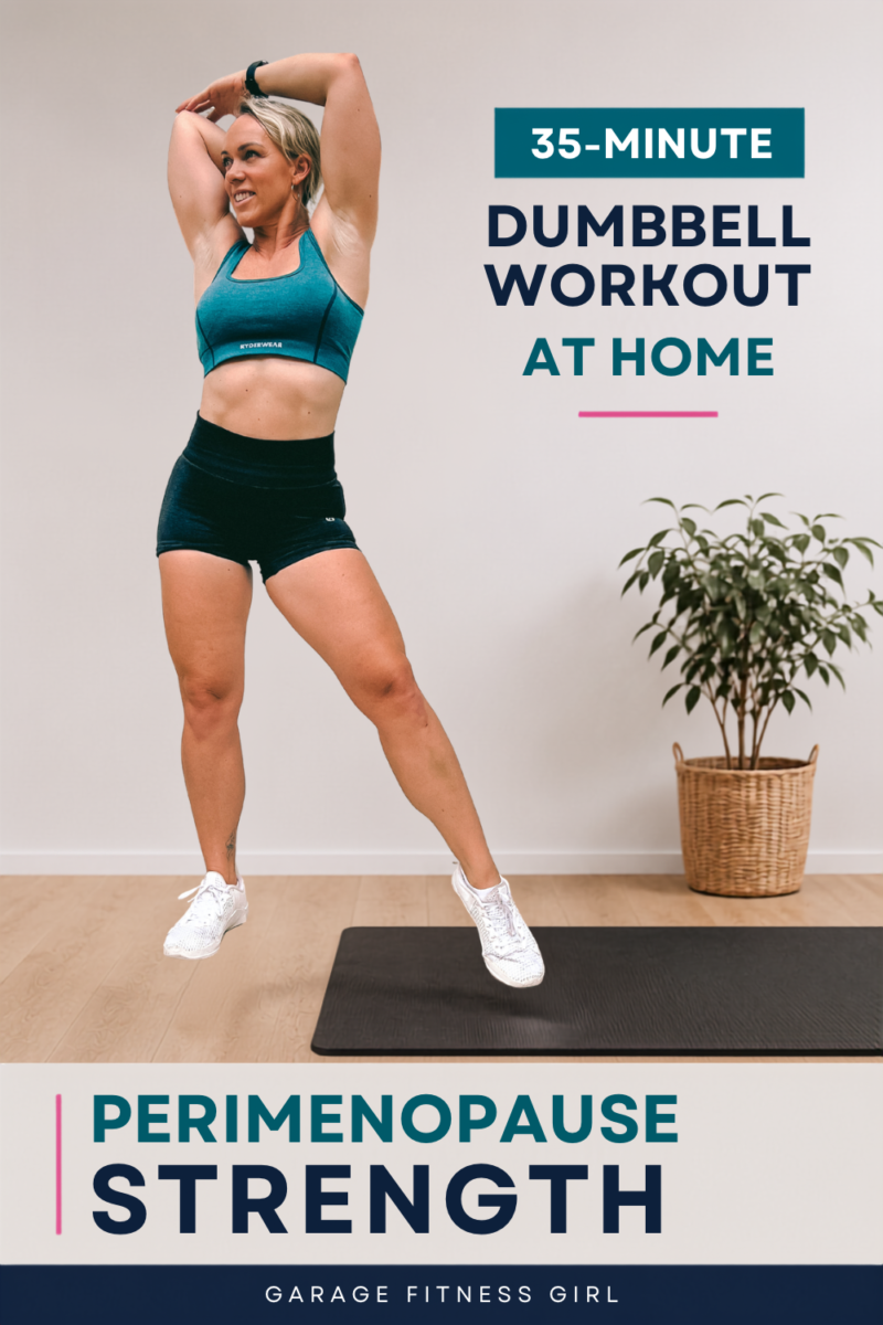 Woman stretching overhead in a home gym, from a 35 minute perimenopause strength workout for women over 40 with dumbbells