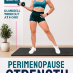 Penny Barnshaw, Garage Fitness Girl 1 Garage Fitness Girl Woman holding a dumbbell in a home gym, from a 35 minute low impact perimenopause strength workout for women over 40