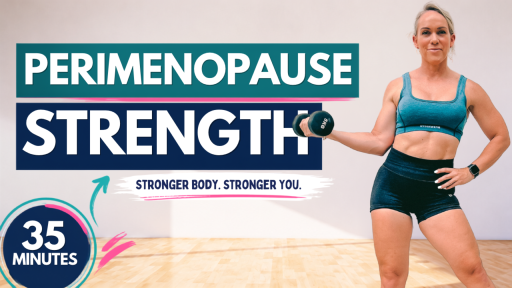 Woman doing a dumbbell bicep curl in a home gym, from a 35 minute perimenopause strength workout for women over 40
