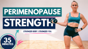 Woman doing a dumbbell bicep curl in a home gym, from a 35 minute perimenopause strength workout for women over 40