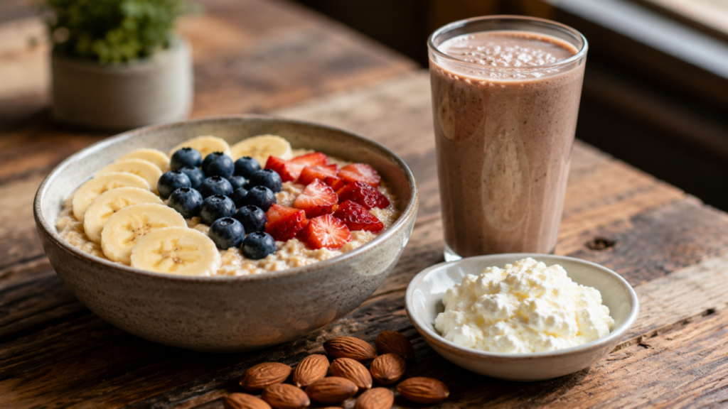 Pre and post workout nutrition meal with oats, berries and a protein shake