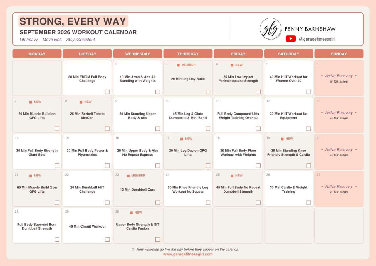 Workout Calendars 1 Garage Fitness Girl September 2026 Strong, Every Way workout calendar preview