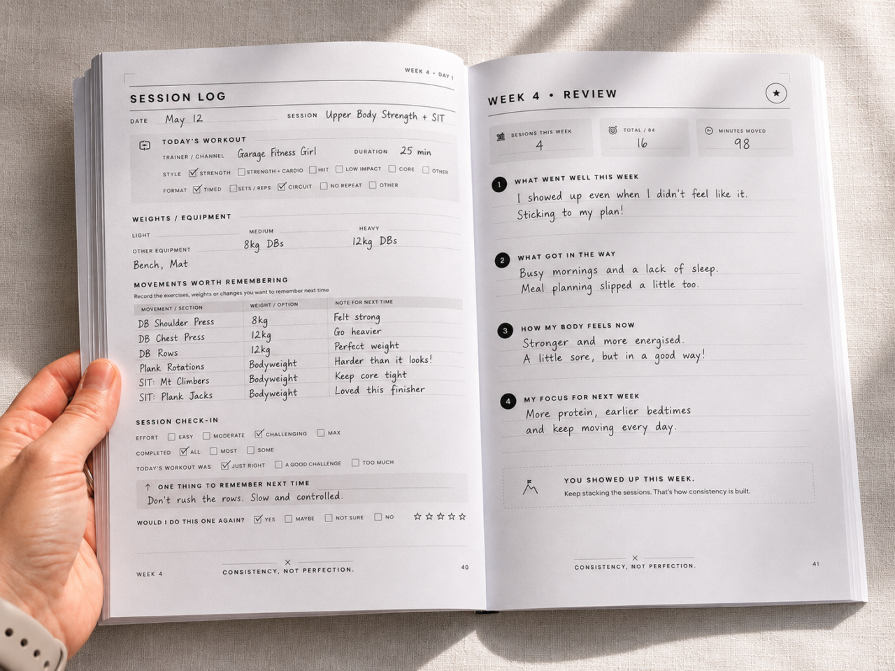 At home workout journal session page with movements worth remembering