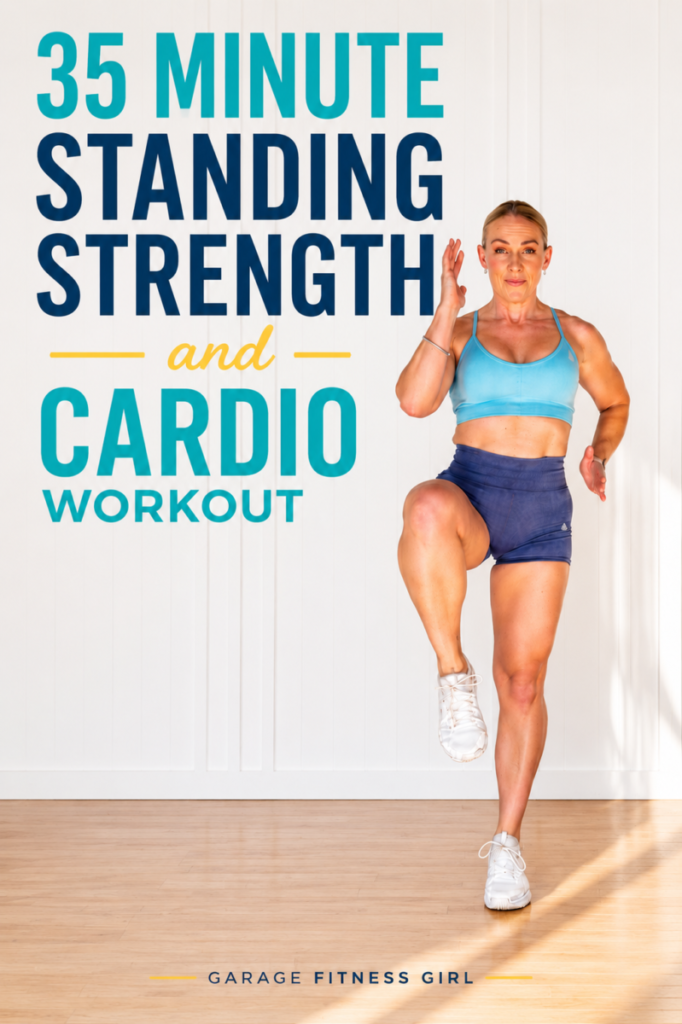 35-Minute Standing Cardio and Strength Workout 3 Garage Fitness Girl Woman in a light blue sports bra and navy shorts performing a standing high-knee cardio move during a 35-minute standing strength and cardio workout for Garage Fitness Girl.