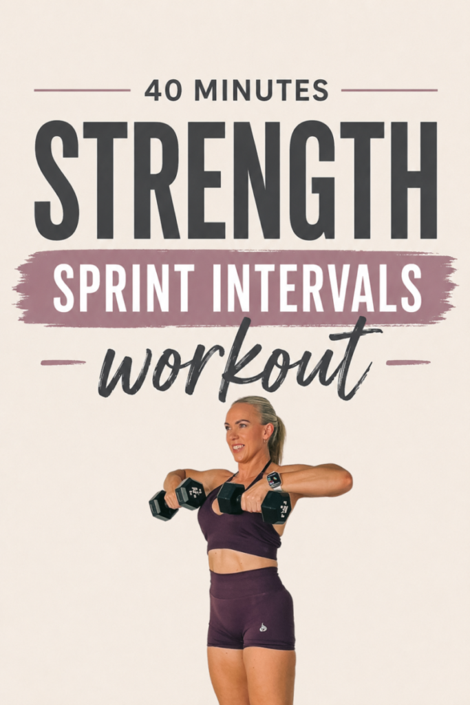 Woman over 40 holding two dumbbells at her shoulders on a cream background, with the words 40 minutes strength sprint intervals workout