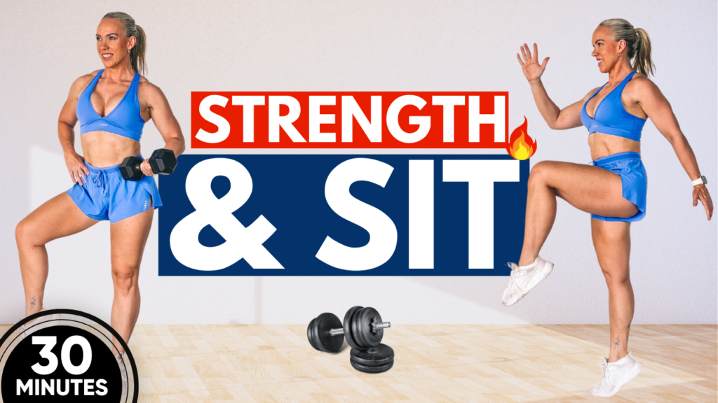 30-Minute Full Body Strength and SIT Hybrid Workout for Women 40+ 1 Garage Fitness Girl 30-minute full body strength and SIT hybrid workout for women 40+ using dumbbells to build muscle, improve metabolism, and increase power.