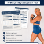 Woman over 40 in a blue sports bra demonstrating a strength workout from the Strong Reset plan