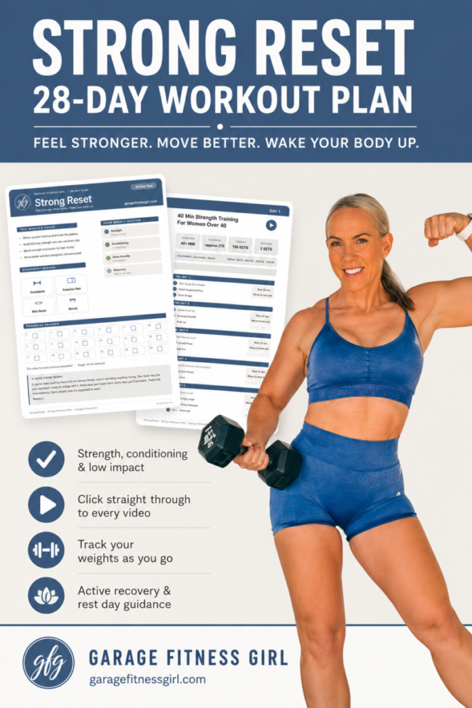 Woman over 40 in a blue sports bra demonstrating a strength workout from the Strong Reset plan
