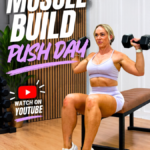 Woman over 40 doing a seated dumbbell shoulder press in a home gym, with the words 30 min muscle build push day workout
