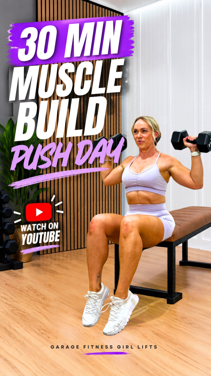 Woman over 40 doing a seated dumbbell shoulder press in a home gym, with the words 30 min muscle build push day workout