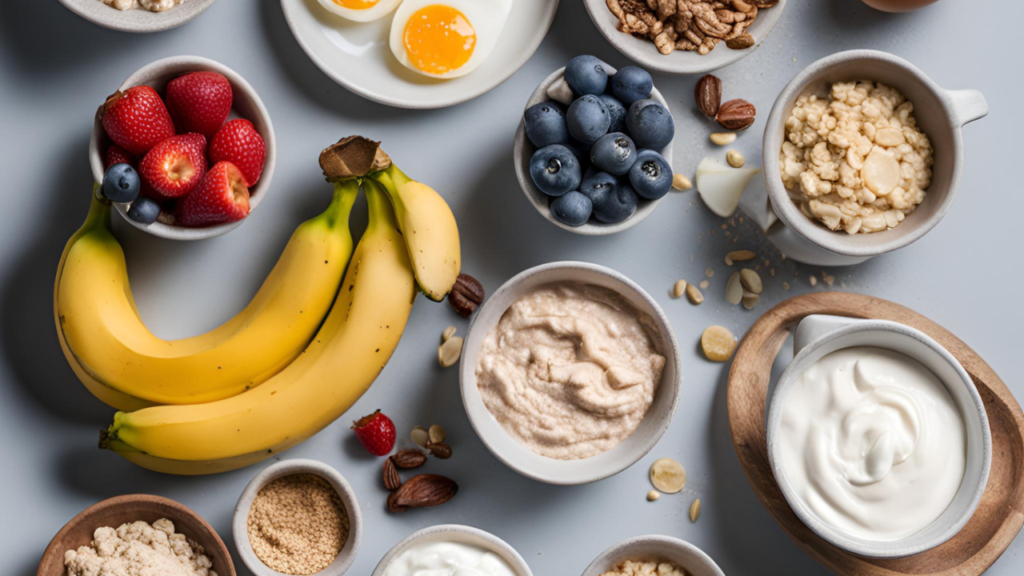 What to Eat Before You Workout 1 Garage Fitness Girl a variety of foods displayed on a kitchen bench top that can be aten before a workout